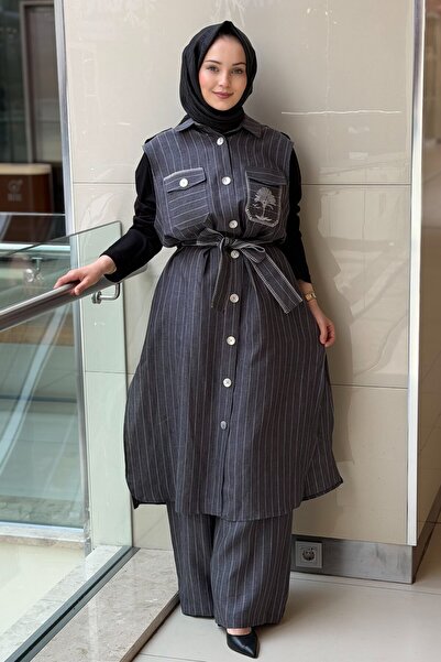 Ghisa Embroidered Pocket Sleeveless Striped Long Shirt and Trousers Set