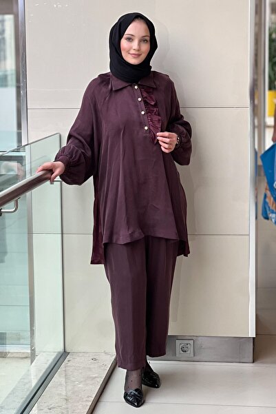 Ghisa Ruffle Detailed Mixed Fabric Patterned Tunic Trouser Set