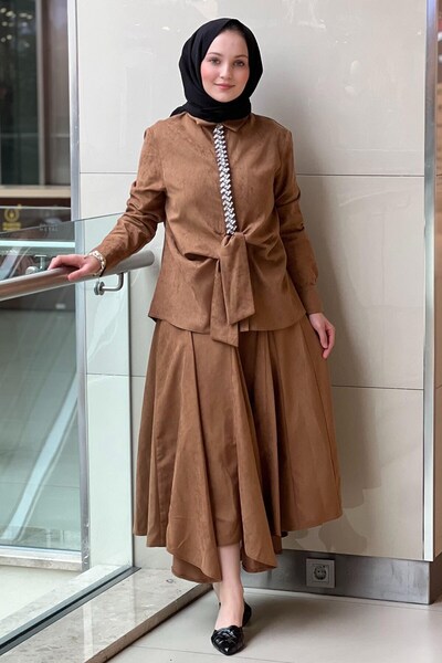 Ghisa Nubuck Shirt Skirt Set with Stone Embellished Tie Model on the Front