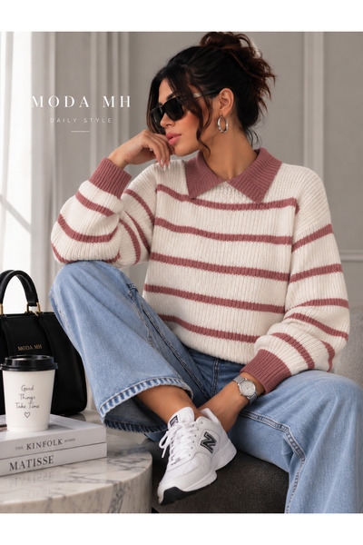 moda mh Damen-Selanik-Orgü-Polo-Kragen-gestreifter Oversize-Stil Pullover