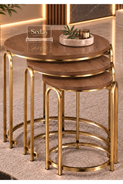 SEDAŞ LIVING UNITS Lenka Zigon Sehpa Takımı Yuvarlak 3'lü Gold Metal -Koyu Ce...