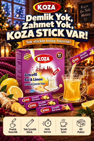 Koza Zencefil Bal Limon Hazır Kış Çayı C Vitaminli Kışa Tam Destek Tek İçimlik Pratik Hazırlanan Gurmelerin Seçimi Oralet İçecek Tozu Premium Kış Meyve Çayı Paketi 40 Stick - İçinizi Isıtan Sıcacık Lezzet