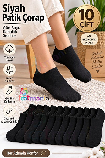 footmania Kadın 10 Çift Siyah Patik Çorap Seti Pamuklu