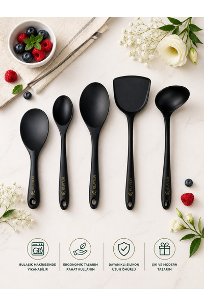 elfnur 5 Parça Isıya Dayanıklı Yanmaz Yapışmaz Silikon Kepçe Spatula Kaşık Se...