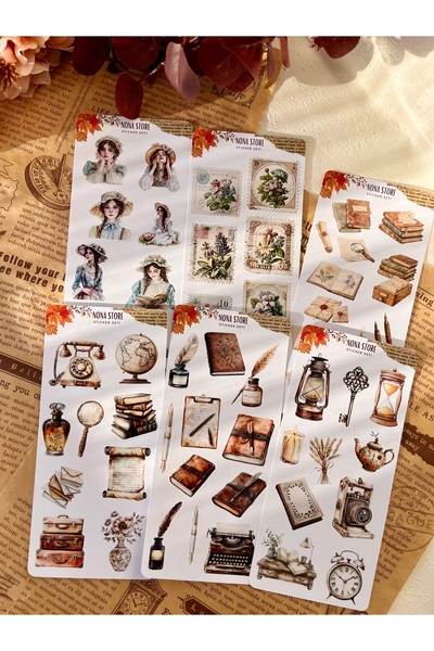 6’lı Sticker Seti / Vintage Temalı / 58 çıkartma / 8x17 cm / Bullet Journal