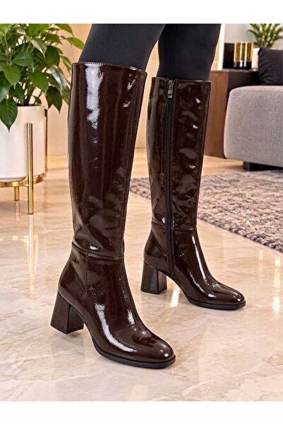 İ-ZZCELLA MODA Women's Brown Patent Leather Below-The-Knee Boots with Low Thi...