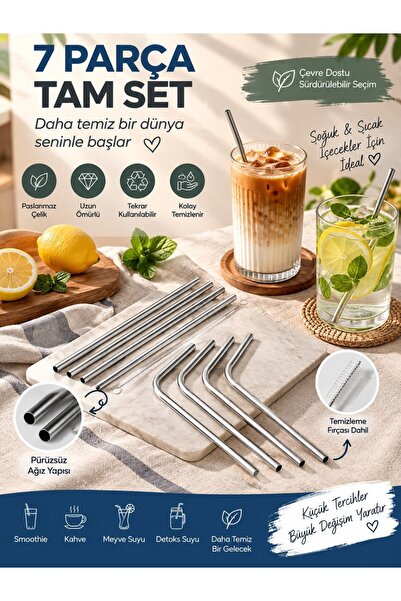 Tasarım Evi Premium 7 Parça Paslanmaz Çelik Metal Pipet Seti - 3 Düz, 3 Eğiml...