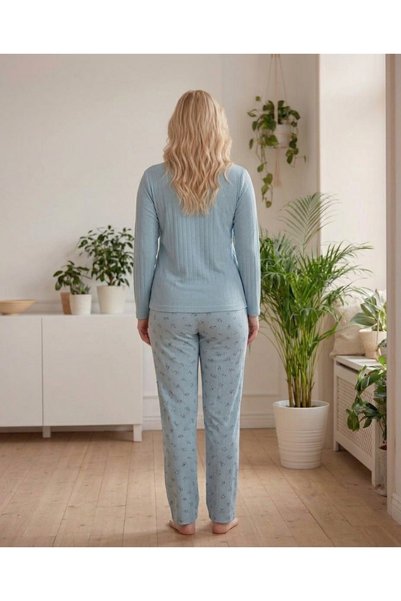 Eyfuze Women's Winter Plus Size Curve Embroidered Patterned Collar Buttoned Long Sleeve Pajama Set