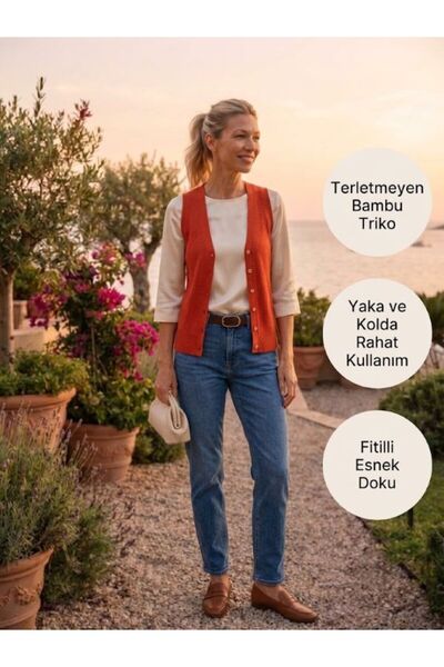 URUMDAY Kadın V Yaka Düğmeli Fitilli İnce Bambu Merserize Yelek