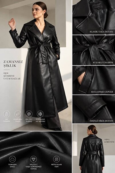 Moda Banuş Siyah Deri Kuşaklı Uzun Trençkot