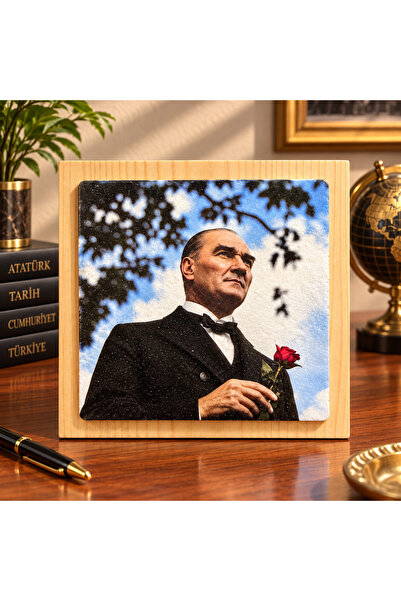 CEREN WOODEN Atatürk Fotoğraflı Dekoratif Taş Görünümlü Tablo 12,5x12,5 cm – ...