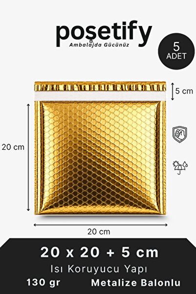 POŞETİFY Gold Metalize Balonlu Kargo Poşeti 20x20+5 Cm | 5 Adet | Kendinden Y...