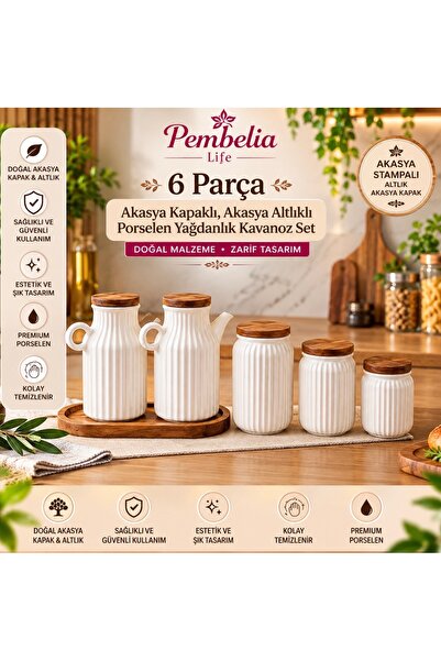 Kitchen Pembelia 6 Parça Akasya Standlı 2’li Porselen 1000 ml Yağdanlık Set A...