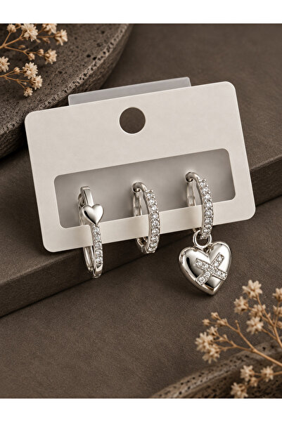 serelya Brass Zircon Stone Heart Model Silver Color 3-Piece Double Women's Ea...
