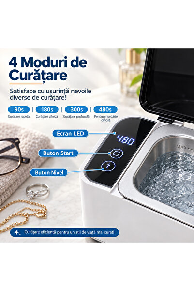LUDORA Aparat de Curatare cu Ultrasunete Inox, 4 Moduri de Curatare, Sterilizare si Dezinfectare