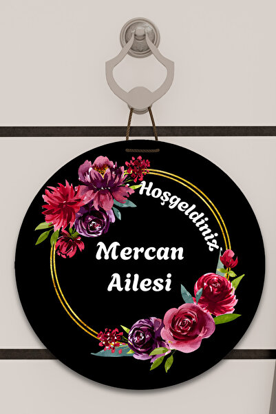 Dormot Dijital Baskı siyah, kişiye özel mor,pembe çiçek desenli Kapı süsü, Du...