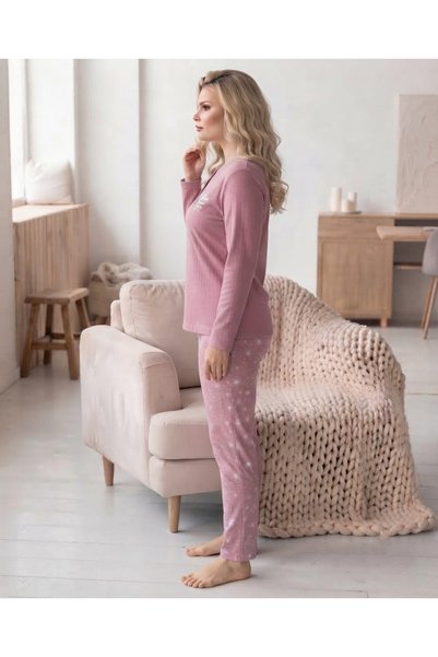 Eyfuze Women's Winter Plus Size Curve Embroidered Patterned Collar Buttoned Long Sleeve Pajama Set