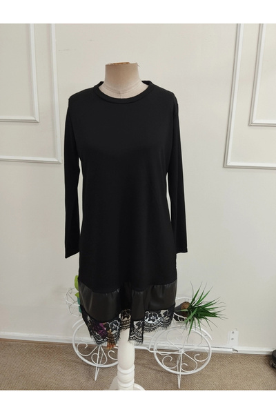 Generic Brand Women's Long Sleeve Crew Neck Short Modal Dress with Leather and Tulle Detail at the Hem