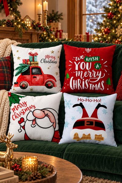 Pelangi Noel Baba Merry Christmas Yılbaşı Gizli Fermuarlı Kırlent Kılıfı Kolt...
