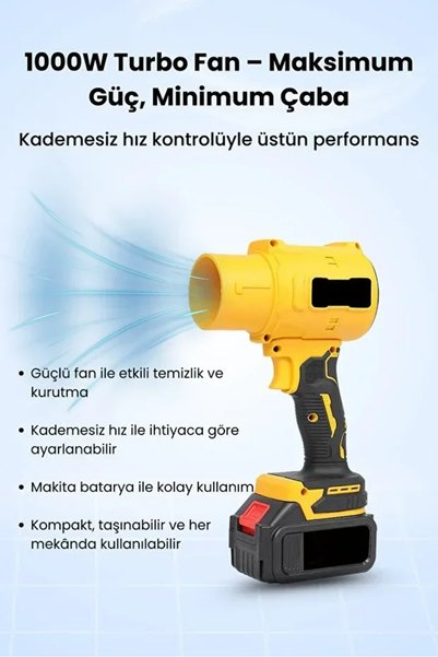 SS HOME CONCEPT 21V Kablosuz Hava Üfleyici | 32.000RPM Turbo Fan, 12.000mAh Batarya, Bahçe & Araç Kurutma / Sarı