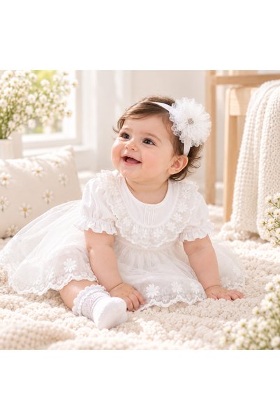 LOOFI Newborn Baby Girl Dress 100% Cotton Soft Tulle & Lace - 0-12 Months / White