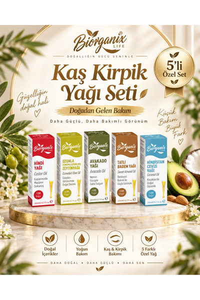 BiorganixLife Kaş Kirpik Yağı Seti (Hint,Ozon,Avokado,Tatlı Badem,Hindistan C...