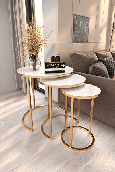 home plus mobilya 3'lü C Zigon Sehpa Gold Kaplama Beyaz Ayna
