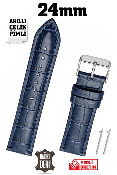 Saatse 24mm Navy Blue Crocodile Genuine Leather Watch Band Strap with Smart Pins