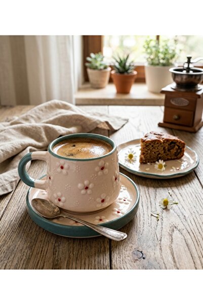 Kabartma Papatya Desen Tabaklı Turkuaz Renk El Yapımı Seramik Çay Fincanı Kahve Fincanı Kupa Mug