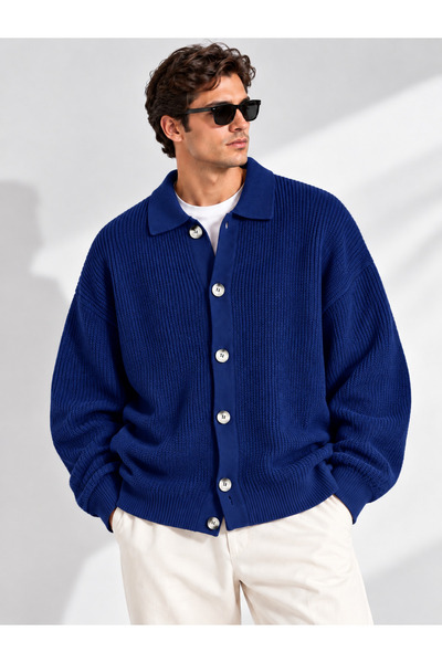 GENIUS STORE Men's Cardigan Oversize Fit Buttoned Polo Collar Knitwear Sweate...