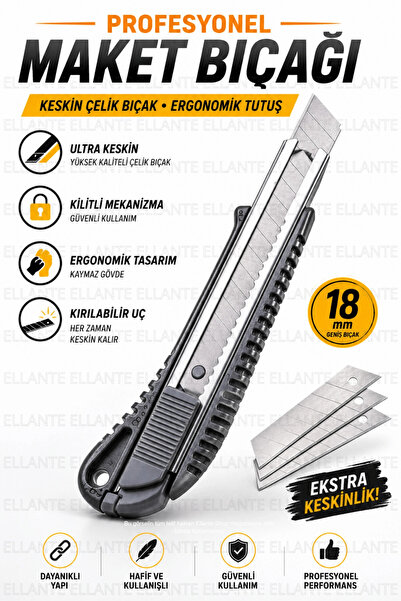 ellante Profesyonel Maket Bıçağı 18 mm | Metal Raylı, Kırılabilir Çelik Uç, K...