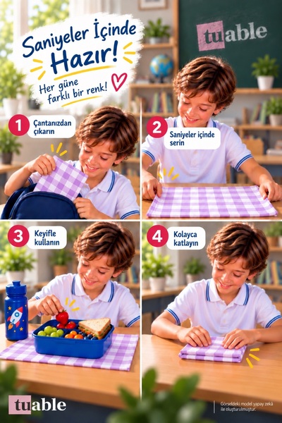 Tuable Lunch Cover Set of 3 Checkered Lilac 45 × 70 cm – for Kindergarten and Primary School, 100% Cotton, Suitable for Food Contact