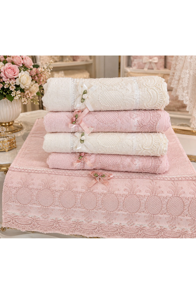 DİLEX ev tekstili 50X90 4-Pack 100% Cotton Velvet Lace Laced Bow Dowry Box Ha...