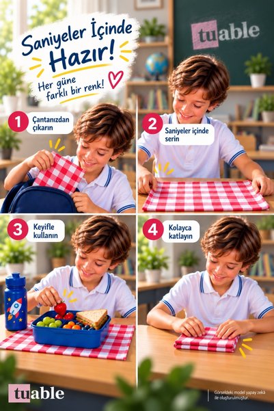 Tuable Lunch Mat 3-Piece Checkered Red Set 45 × 70 cm – for Kindergarten and Primary School, 100% Cotton, Suitable for Food Contact