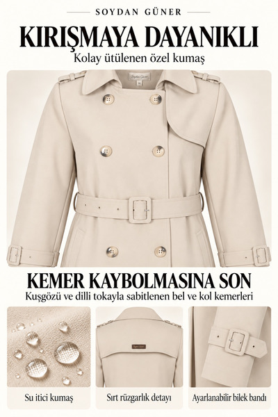 Soydan Güner Su Itici Özellikli Kırışmaz Kumaş Trençkot A.Bej 5840