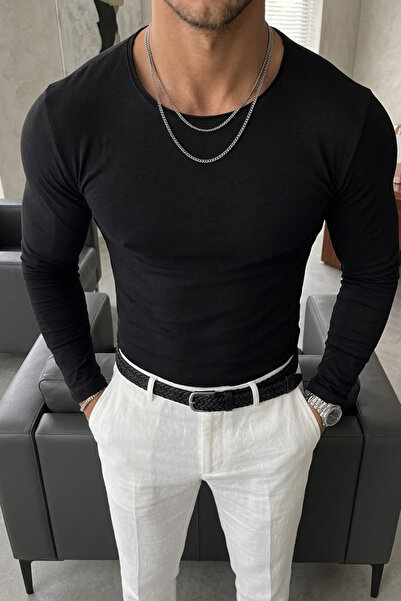 %100 Pamuklu Slim Fit Pis yaka Uzun Kol T-shırt (4039)