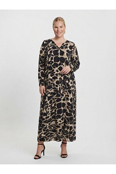 Sedef Moda Evi Anne Black Beige Marble Patterned V-Neck Buttoned Long Sleeve ...