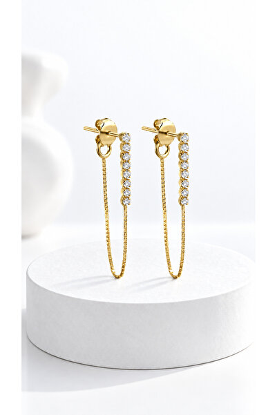jelux silver Gümüş 925 Ayar Su Yolu Asansör Model Zirkon Taşlı Gold Küpe