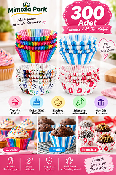 KÜÇÜK EW 300 Adet Muffin Cupcake Kağıdı, Renkli Kağıt Muffin Kek Kalıbı Desenli
