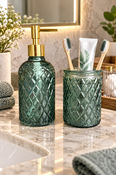 ANGDESİGN Alaçatı 2Nd Glass Liquid Soap Dispenser & Glass Toothbrush Holder G...