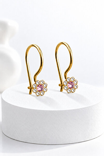 jelux silver Gümüş 925 Ayar Papatya Model Pembe Zirkon Taşlı Çocuk Gold Küpe