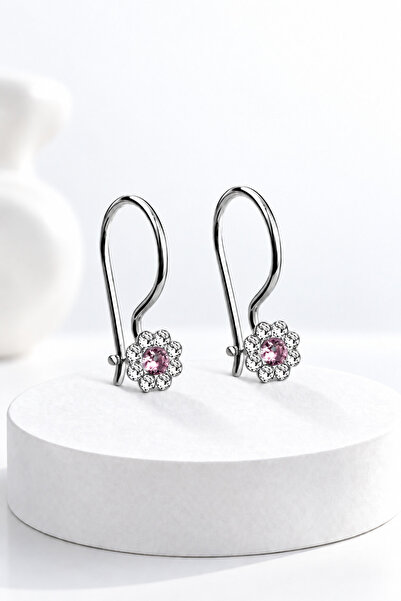 jelux silver Gümüş 925 Ayar Papatya Model Zirkon Pembe Taşlı Çocuk Küpe