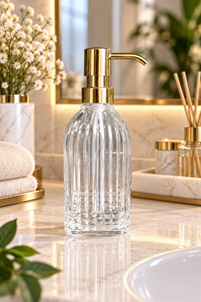 ANGDESİGN Bodrum Tekli Cam Sıvı Sabunluk ŞEFFAF || Modern Lüks Banyo Aksesuarı Dekoratif Sıvı Sabunluk Sabun Dispenseri Banyo & Mutfak İçin Tezgah Üstü Lavabo || GOLD POMPALI || Bulaşık Deterjanı El Sabunu