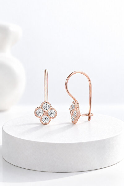 jelux silver Gümüş 925 Ayar Yonca Zirkon Taşlı Rose  Küpe