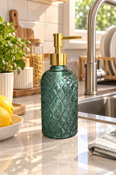 ANGDESİGN Alaçatı Single Glass Liquid Soap Dispenser Green | |   Modern Luxury Bathroom Accessory Decorative Liquid Soap Dispenser Soap Dispenser Countertop Sink for Bathroom & Kitchen | |   Gold Pompali | |   Dishwashing Detergent Hand Soap