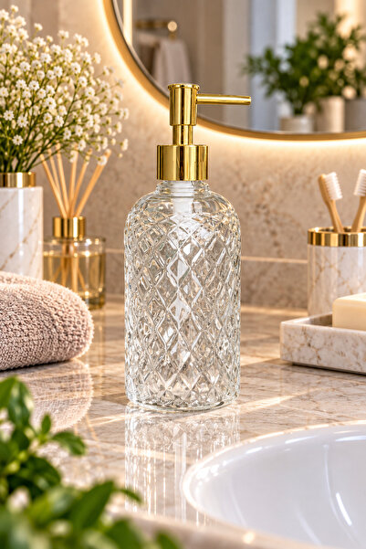 ANGDESİGN Alaçatı Tekli Cam Sıvı Sabunluk ŞEFFAF || Modern Lüks Banyo Aksesuarı Dekoratif Sıvı Sabunluk Sabun Dispenseri Banyo & Mutfak İçin Tezgah Üstü Lavabo || GOLD POMPALI || Bulaşık Deterjanı El Sabunu