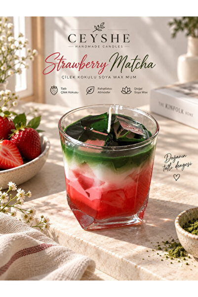 CeyShe Strawberry Matcha Latte Soyawax Çilek Kokulu Mum Yılbaşı Hediyesi