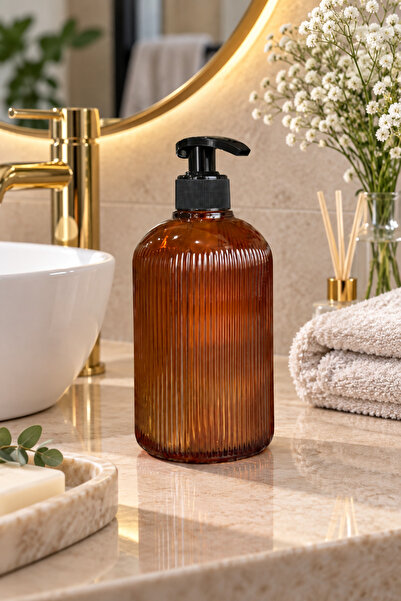 ANGDESİGN Deniz Cam Sıvı Sabunluk Tekli-Amber •• Banyo & Mutfak İçin Tezgah Üstü Lavabo Bulaşık || Banyo Sıvı Sabunluk Dekoratif Cam Sabunluk Pompalı Sabunluk El Sabunluğu Modern Banyo Aksesuarı Mutfak Düzen