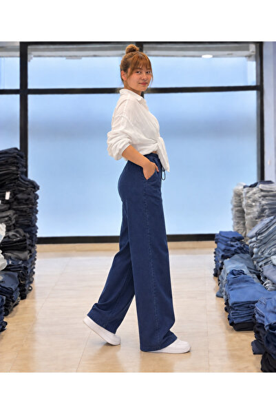 St.Poll Beli Lastikli Bağlama Detaylı Cepli Denim Bol Paça Pantolon