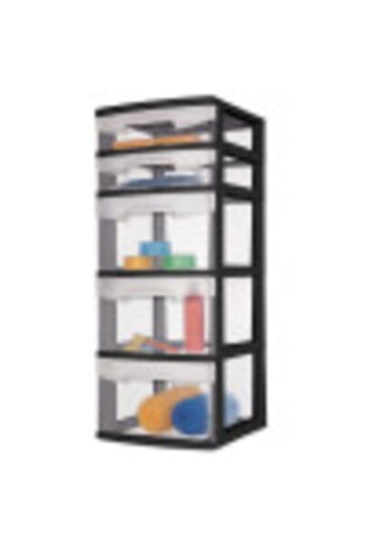 Sterilite 5-Drawer Storage Tower, Black Frame with Clear Drawers, Two Shallow and Three Deep Drawers Holding 16 qt Each, Integrated Handles and Drawer Stop, 14-1/2 D x 12-5/8 W x 31-3/4 in H, Plastic
